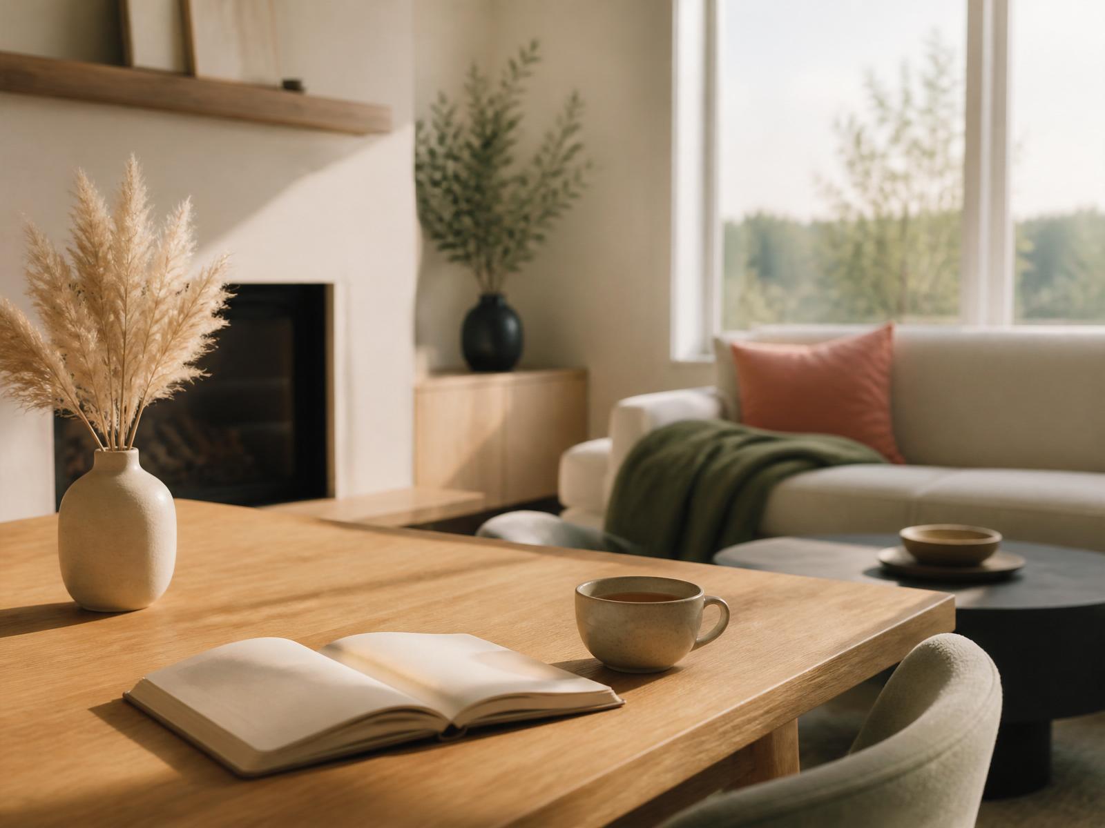 A quiet, sunlit living room with an open notebook and a mug of tea on a wooden table.